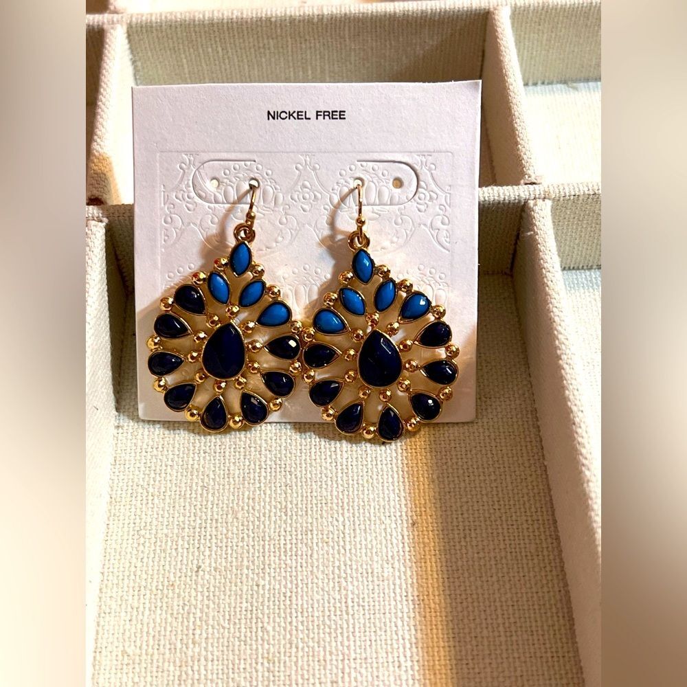 Gold and Blue Sunburst Earrings with Gemstone Accents boho festival summer